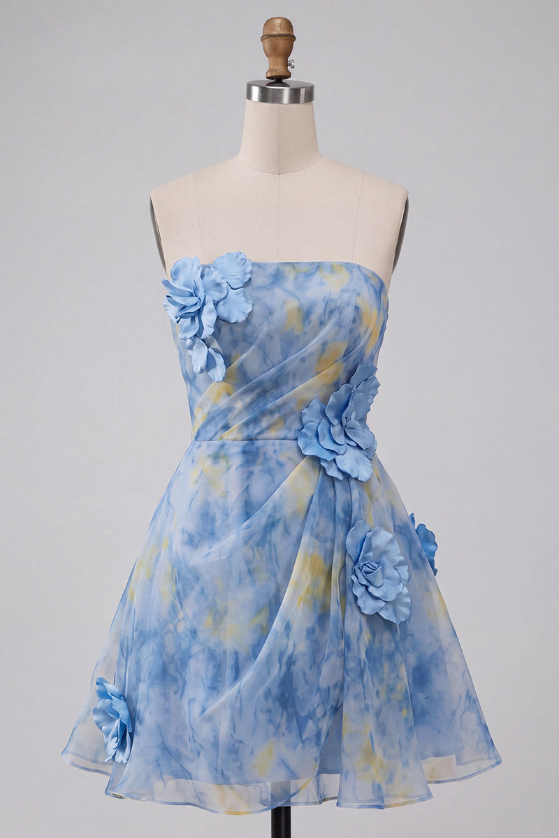Load image into Gallery viewer, Grey Blue Printed A-Line Strapless Mini Cocktail Dress with 3D Flowers