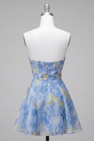 Load image into Gallery viewer, Grey Blue Printed A-Line Strapless Mini Cocktail Dress with 3D Flowers