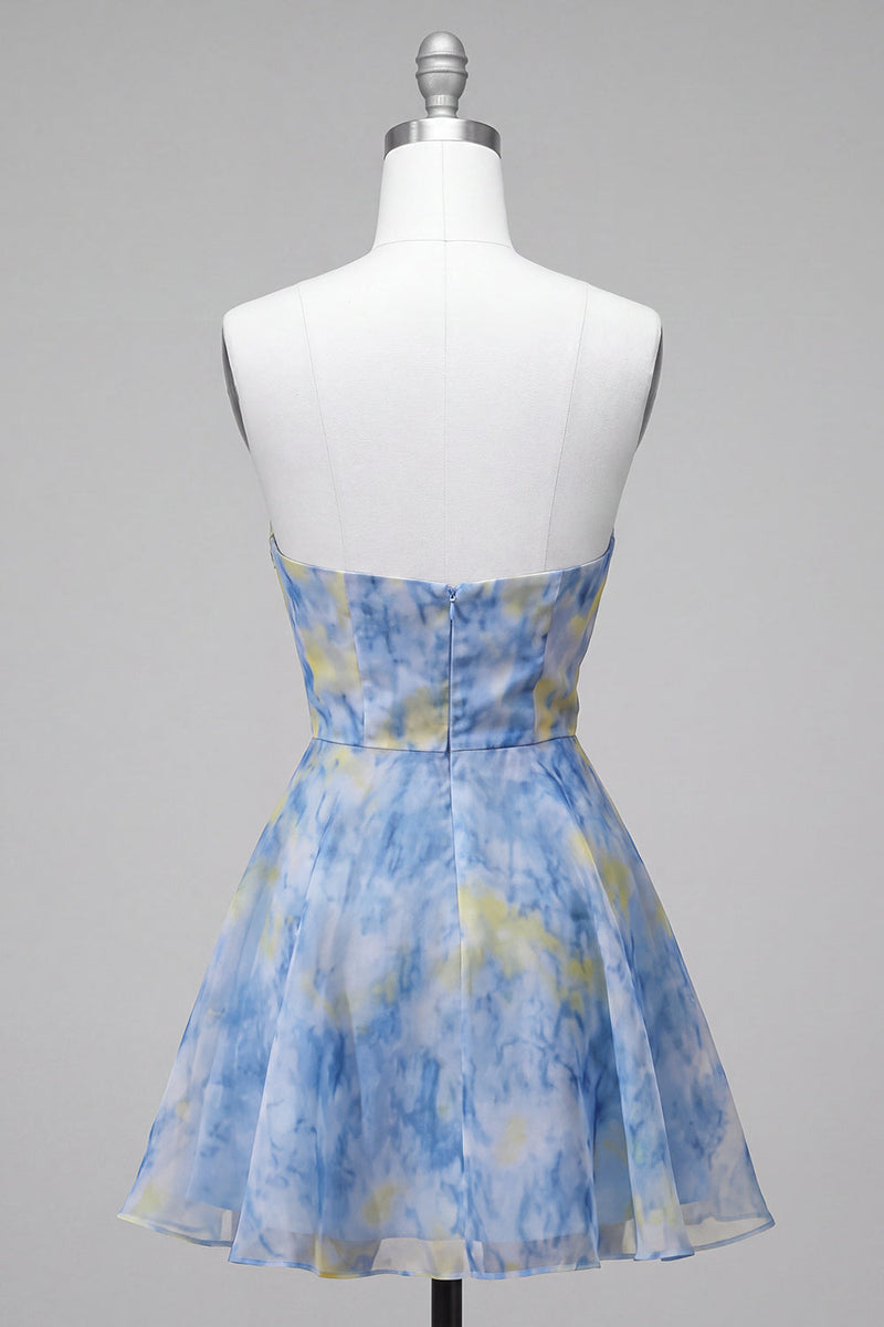 Load image into Gallery viewer, Grey Blue Printed A-Line Strapless Mini Cocktail Dress with 3D Flowers