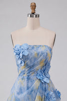 Load image into Gallery viewer, Grey Blue Printed A-Line Strapless Mini Cocktail Dress with 3D Flowers