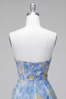Load image into Gallery viewer, Grey Blue Printed A-Line Strapless Mini Cocktail Dress with 3D Flowers