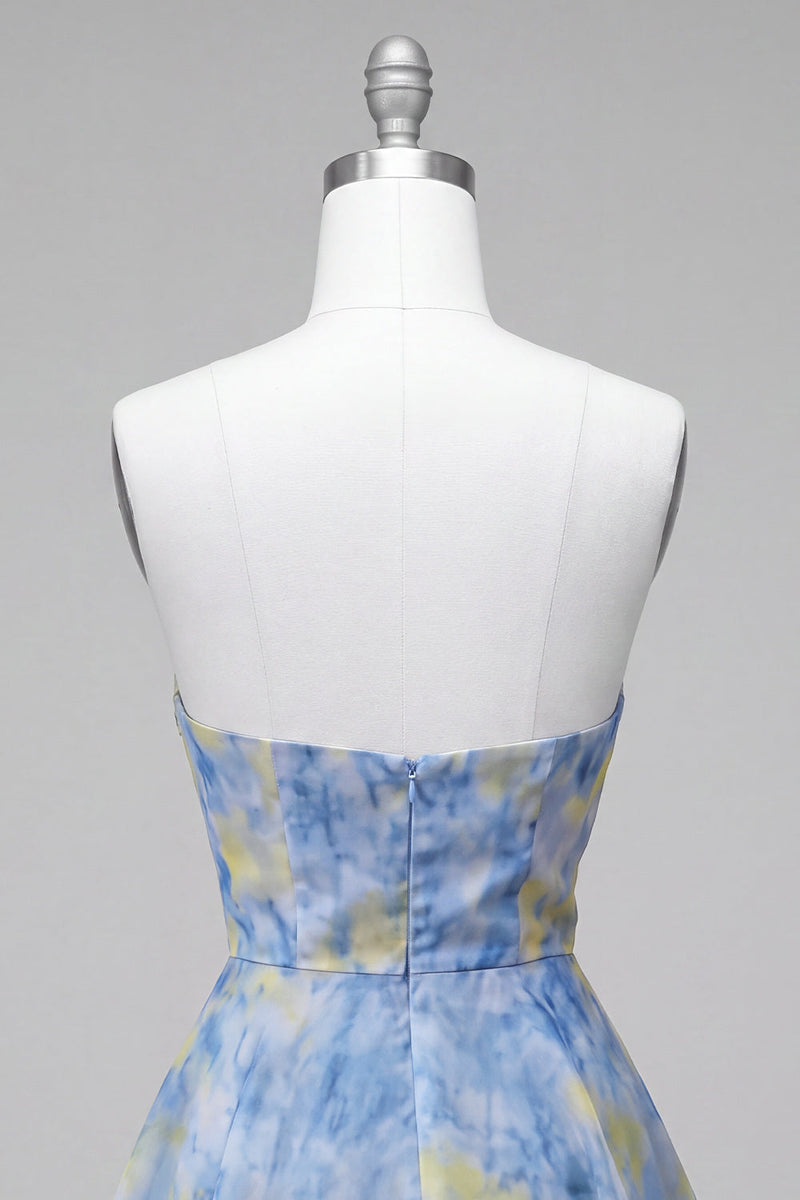Load image into Gallery viewer, Grey Blue Printed A-Line Strapless Mini Cocktail Dress with 3D Flowers