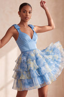 Load image into Gallery viewer, Grey Blue Printed Ruffled A Line Short Cocktail Dress with Bows