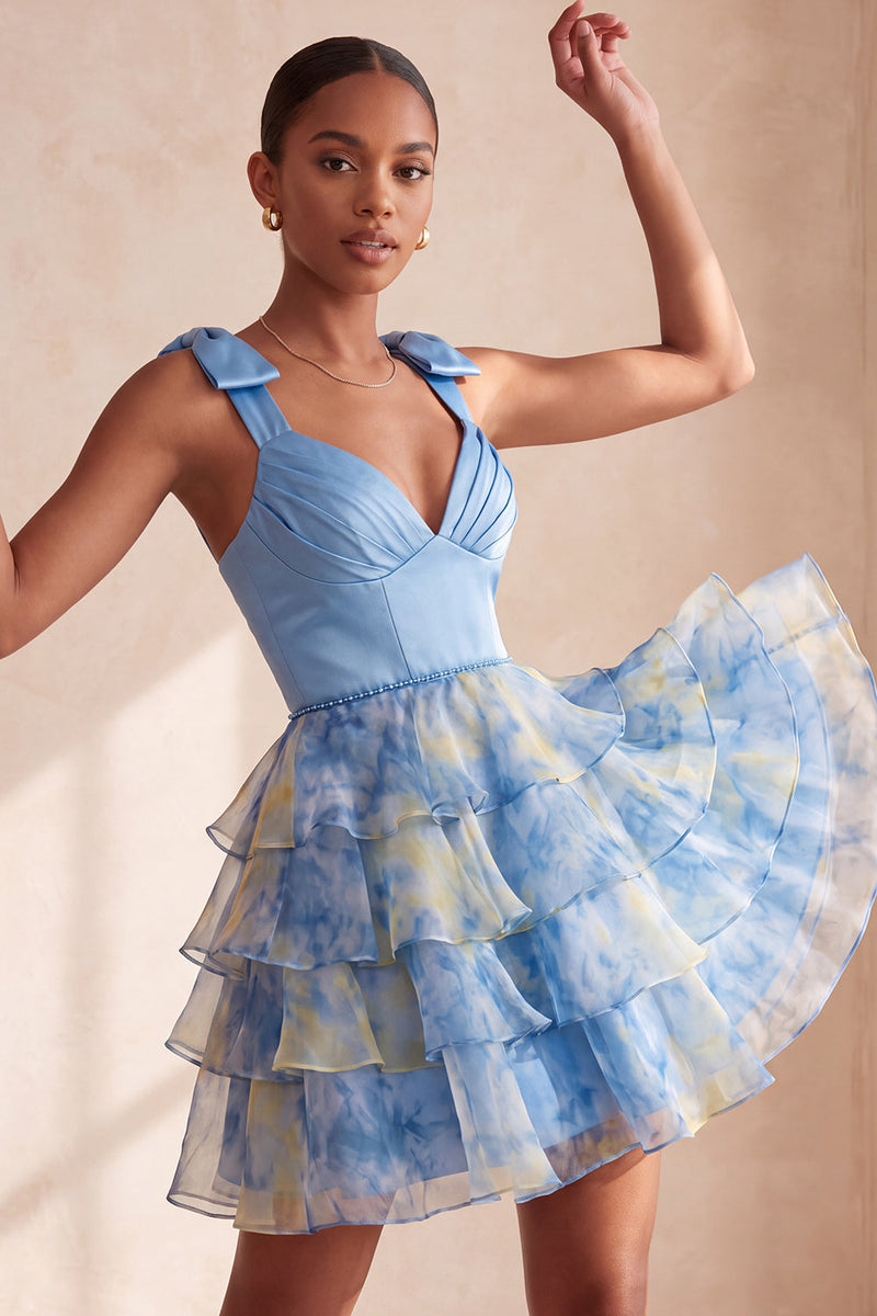 Load image into Gallery viewer, Grey Blue Printed Ruffled A Line Short Cocktail Dress with Bows
