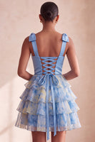 Load image into Gallery viewer, Grey Blue Printed Ruffled A Line Short Cocktail Dress with Bows