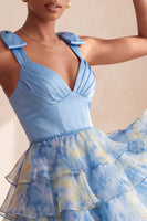 Load image into Gallery viewer, Grey Blue Printed Ruffled A Line Short Cocktail Dress with Bows