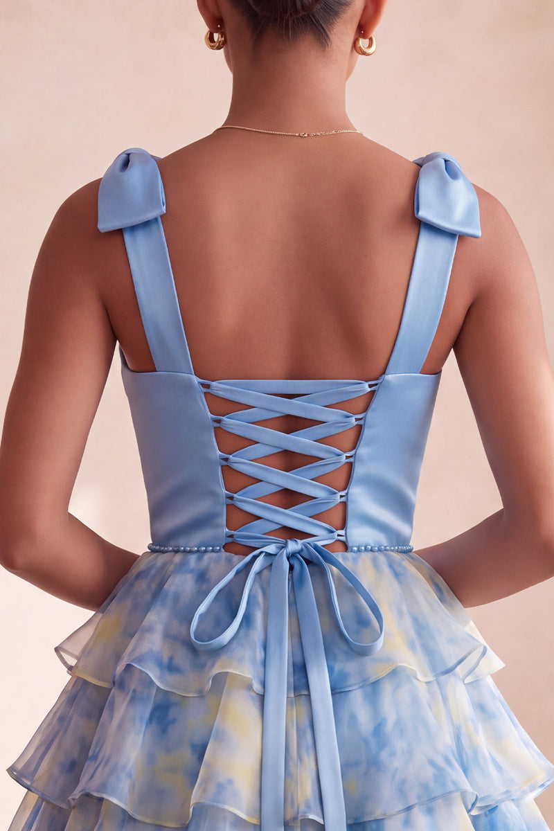 Load image into Gallery viewer, Grey Blue Printed Ruffled A Line Short Cocktail Dress with Bows