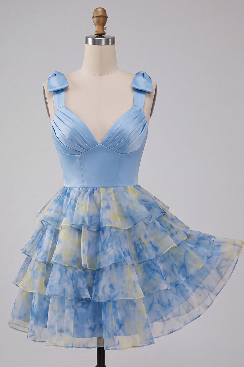 Load image into Gallery viewer, Grey Blue Printed Ruffled A Line Short Cocktail Dress with Bows