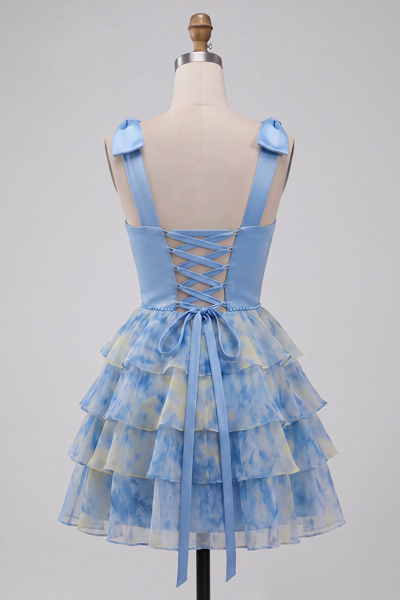 Load image into Gallery viewer, Grey Blue Printed Ruffled A Line Short Cocktail Dress with Bows