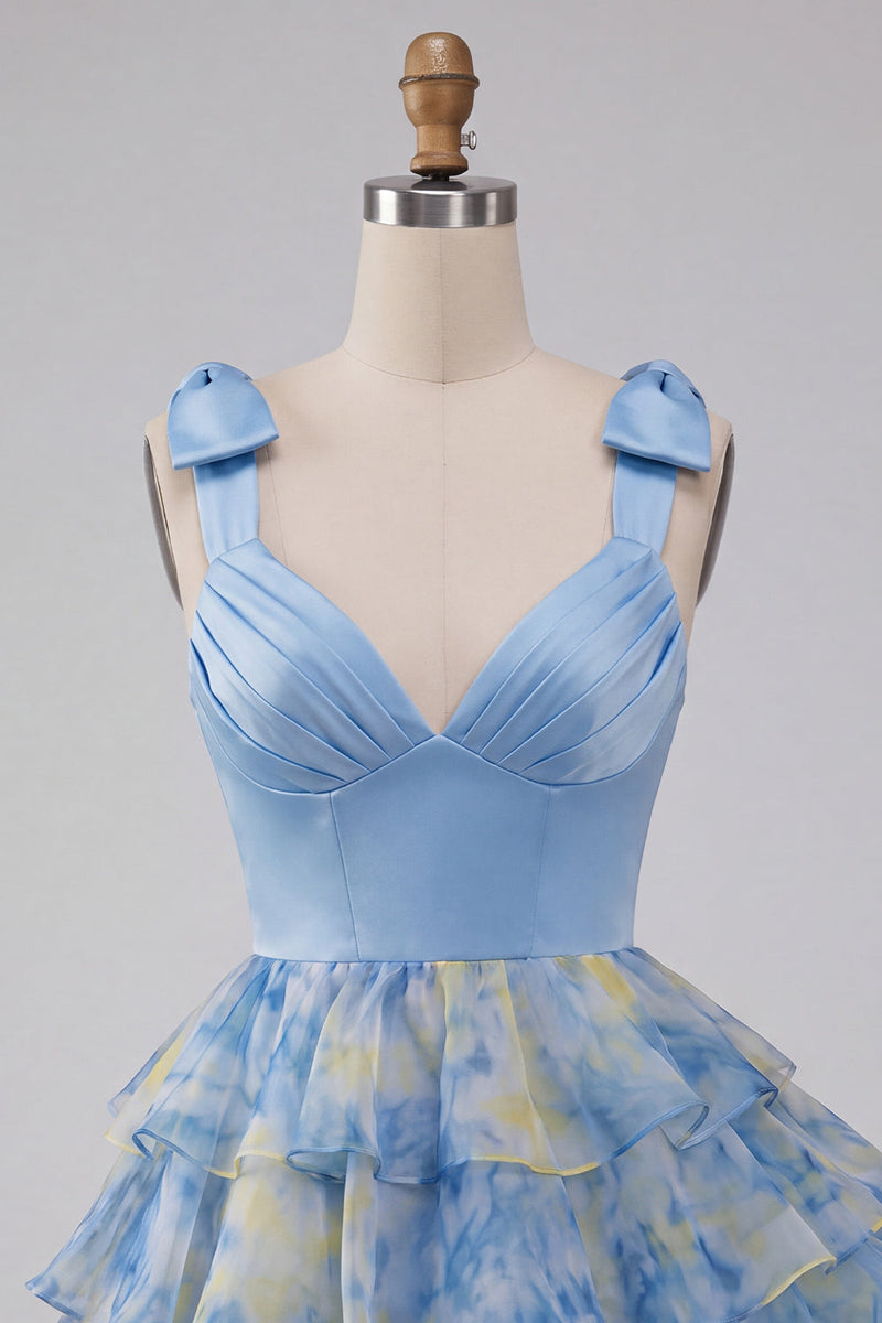 Load image into Gallery viewer, Grey Blue Printed Ruffled A Line Short Cocktail Dress with Bows