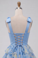 Load image into Gallery viewer, Grey Blue Printed Ruffled A Line Short Cocktail Dress with Bows