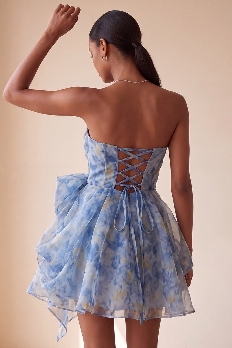 Load image into Gallery viewer, Grey Blue A Line Printed Ruched Sweetheart Mini Cocktail Dress with Bow