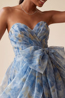 Load image into Gallery viewer, Grey Blue A Line Printed Ruched Sweetheart Mini Cocktail Dress with Bow