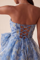 Load image into Gallery viewer, Grey Blue A Line Printed Ruched Sweetheart Mini Cocktail Dress with Bow