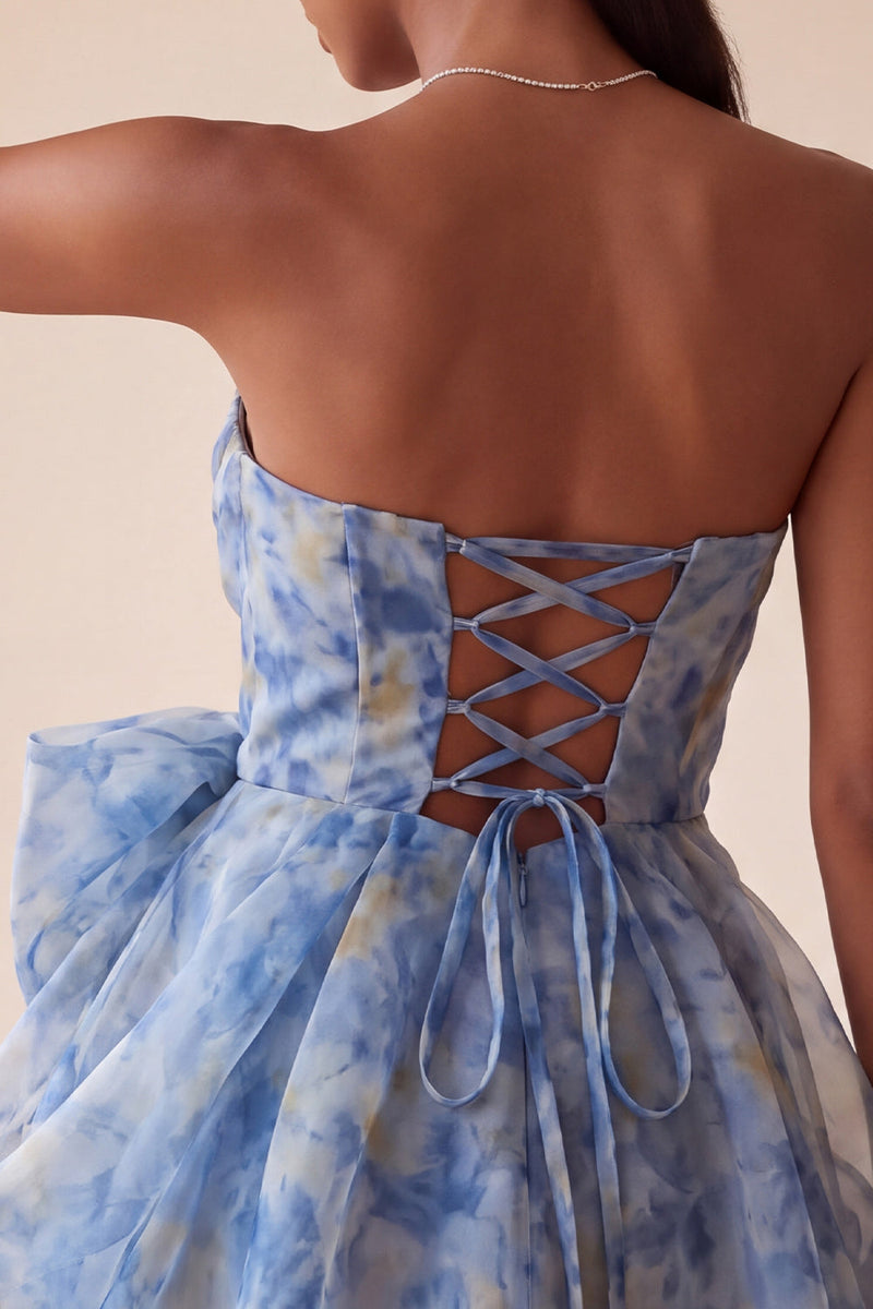 Load image into Gallery viewer, Grey Blue A Line Printed Ruched Sweetheart Mini Cocktail Dress with Bow