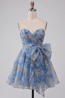 Load image into Gallery viewer, Grey Blue A Line Printed Ruched Sweetheart Mini Cocktail Dress with Bow