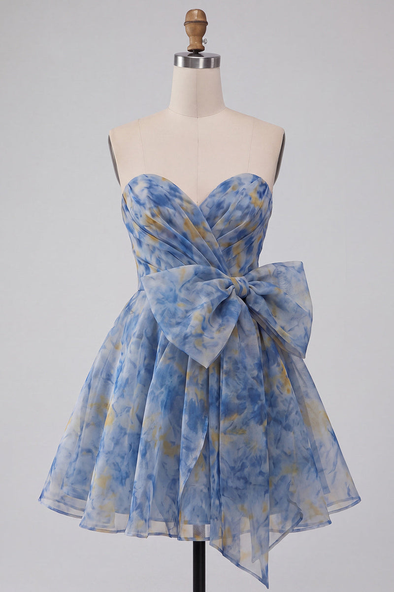 Load image into Gallery viewer, Grey Blue A Line Printed Ruched Sweetheart Mini Cocktail Dress with Bow