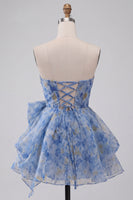 Load image into Gallery viewer, Grey Blue A Line Printed Ruched Sweetheart Mini Cocktail Dress with Bow