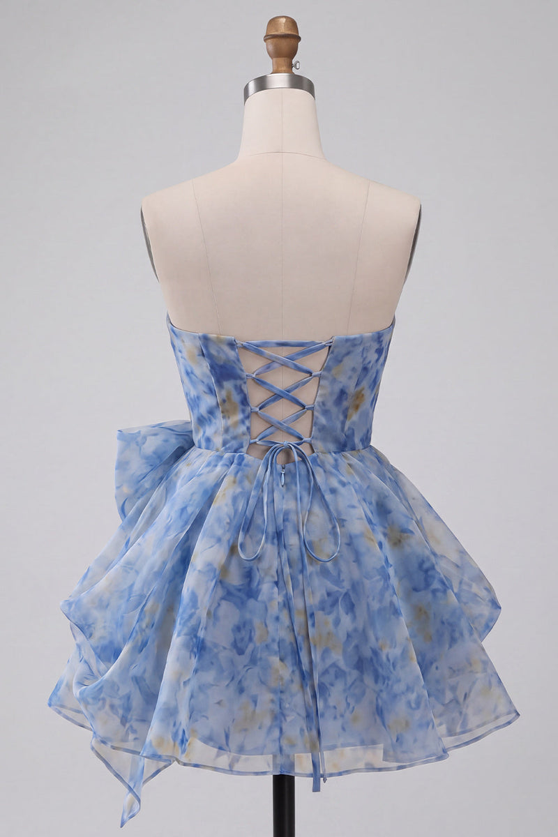Load image into Gallery viewer, Grey Blue A Line Printed Ruched Sweetheart Mini Cocktail Dress with Bow