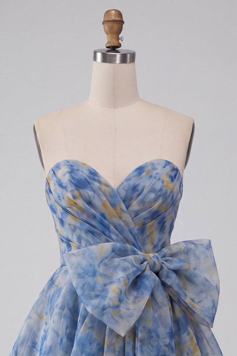 Load image into Gallery viewer, Grey Blue A Line Printed Ruched Sweetheart Mini Cocktail Dress with Bow