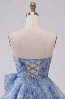 Load image into Gallery viewer, Grey Blue A Line Printed Ruched Sweetheart Mini Cocktail Dress with Bow