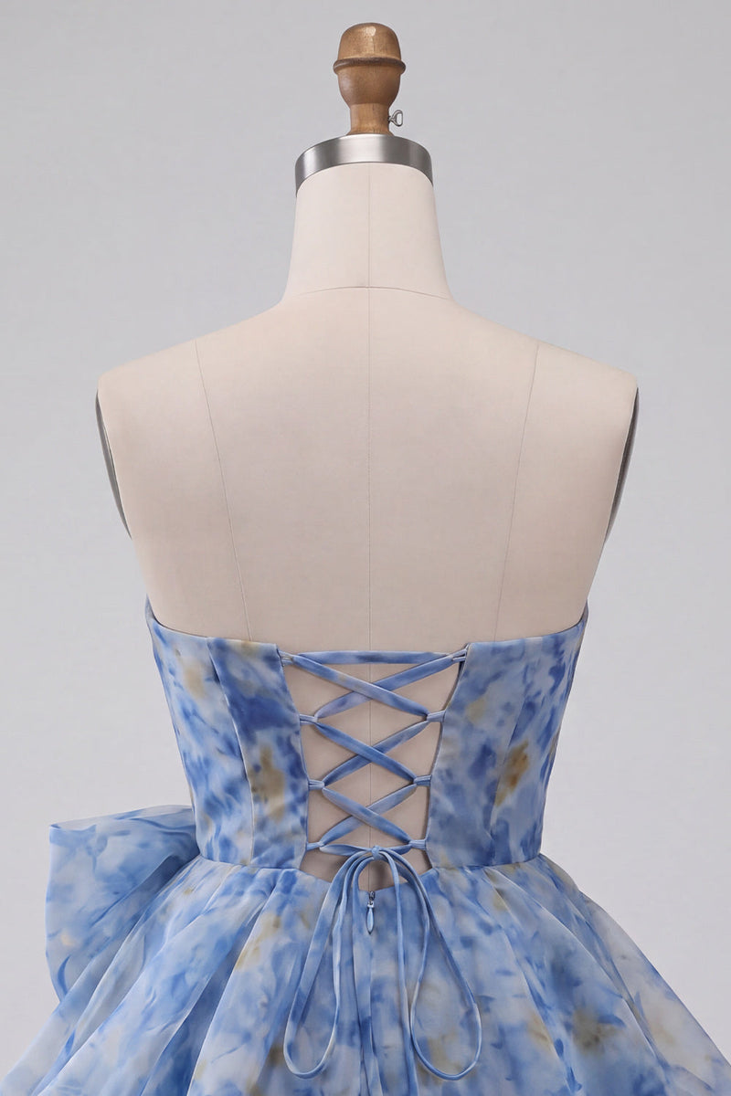 Load image into Gallery viewer, Grey Blue A Line Printed Ruched Sweetheart Mini Cocktail Dress with Bow