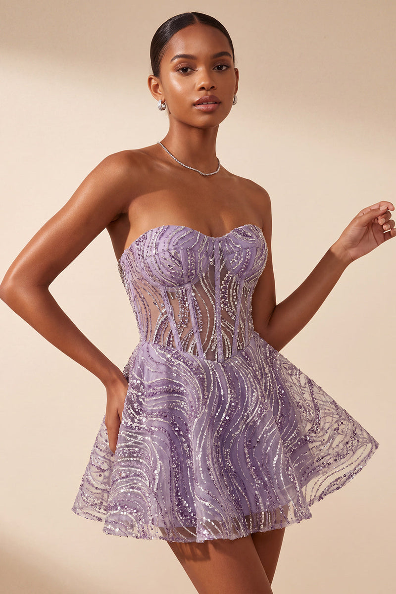 Load image into Gallery viewer, Sparkly Lilac A Line Sequin Sweetheart Corset Short Cocktail Dress
