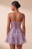 Load image into Gallery viewer, Sparkly Lilac A Line Sequin Sweetheart Corset Short Cocktail Dress