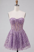 Load image into Gallery viewer, Sparkly Lilac A Line Sequin Sweetheart Corset Short Cocktail Dress