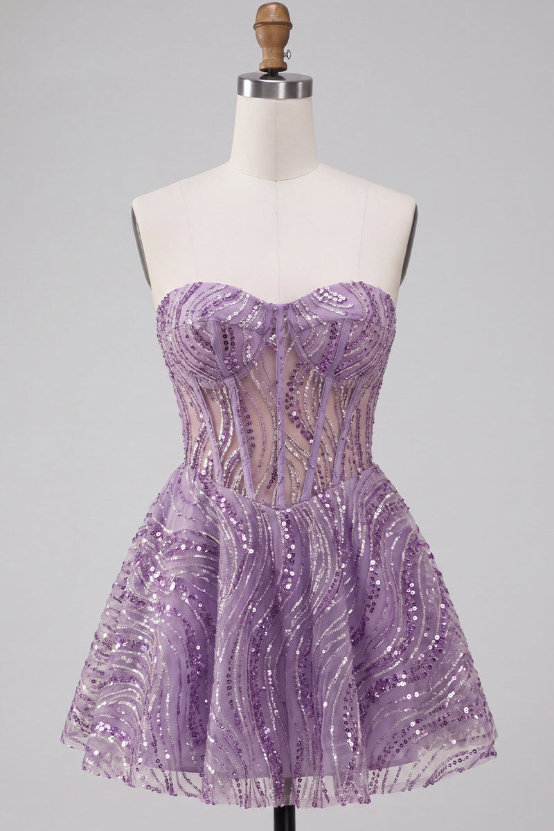 Load image into Gallery viewer, Sparkly Lilac A Line Sequin Sweetheart Corset Short Cocktail Dress