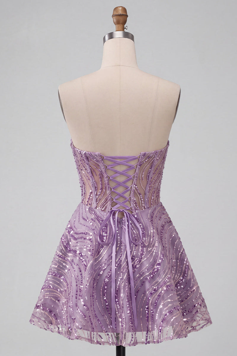 Load image into Gallery viewer, Sparkly Lilac A Line Sequin Sweetheart Corset Short Cocktail Dress