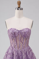 Load image into Gallery viewer, Sparkly Lilac A Line Sequin Sweetheart Corset Short Cocktail Dress