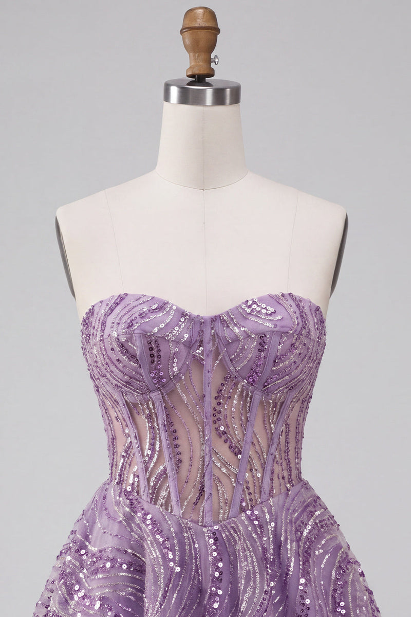 Load image into Gallery viewer, Sparkly Lilac A Line Sequin Sweetheart Corset Short Cocktail Dress