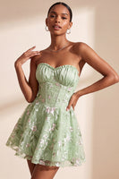 Load image into Gallery viewer, Floral Sage Green Sweetheart Corset A Line Mini Cocktail Dress