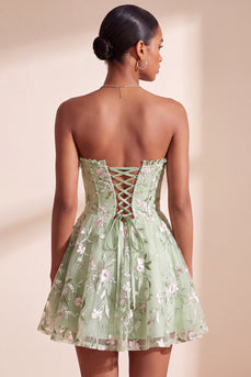 Floral Sage Green Sweetheart Corset A Line Mini Cocktail Dress