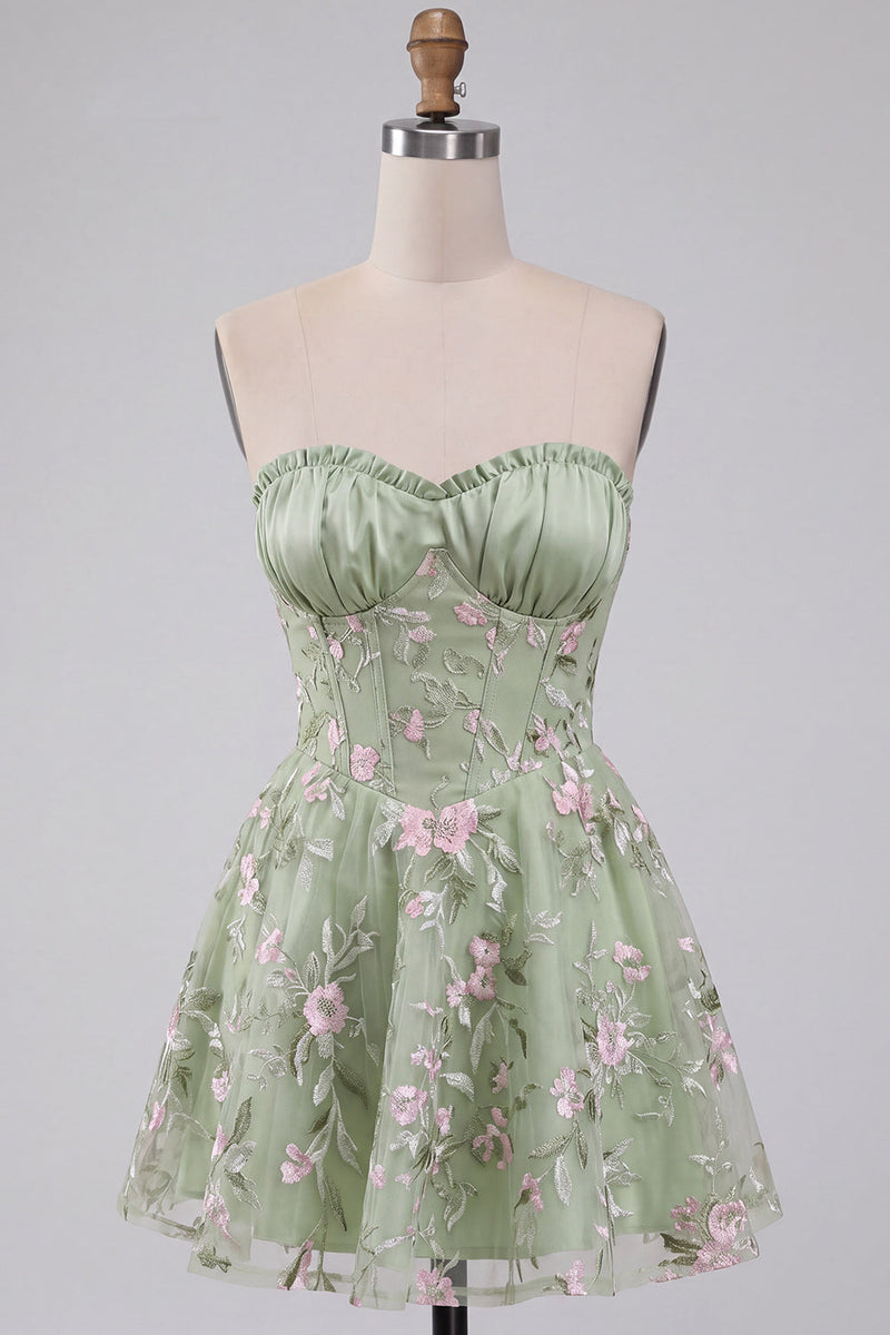 Load image into Gallery viewer, Floral Sage Green Sweetheart Corset A Line Mini Cocktail Dress