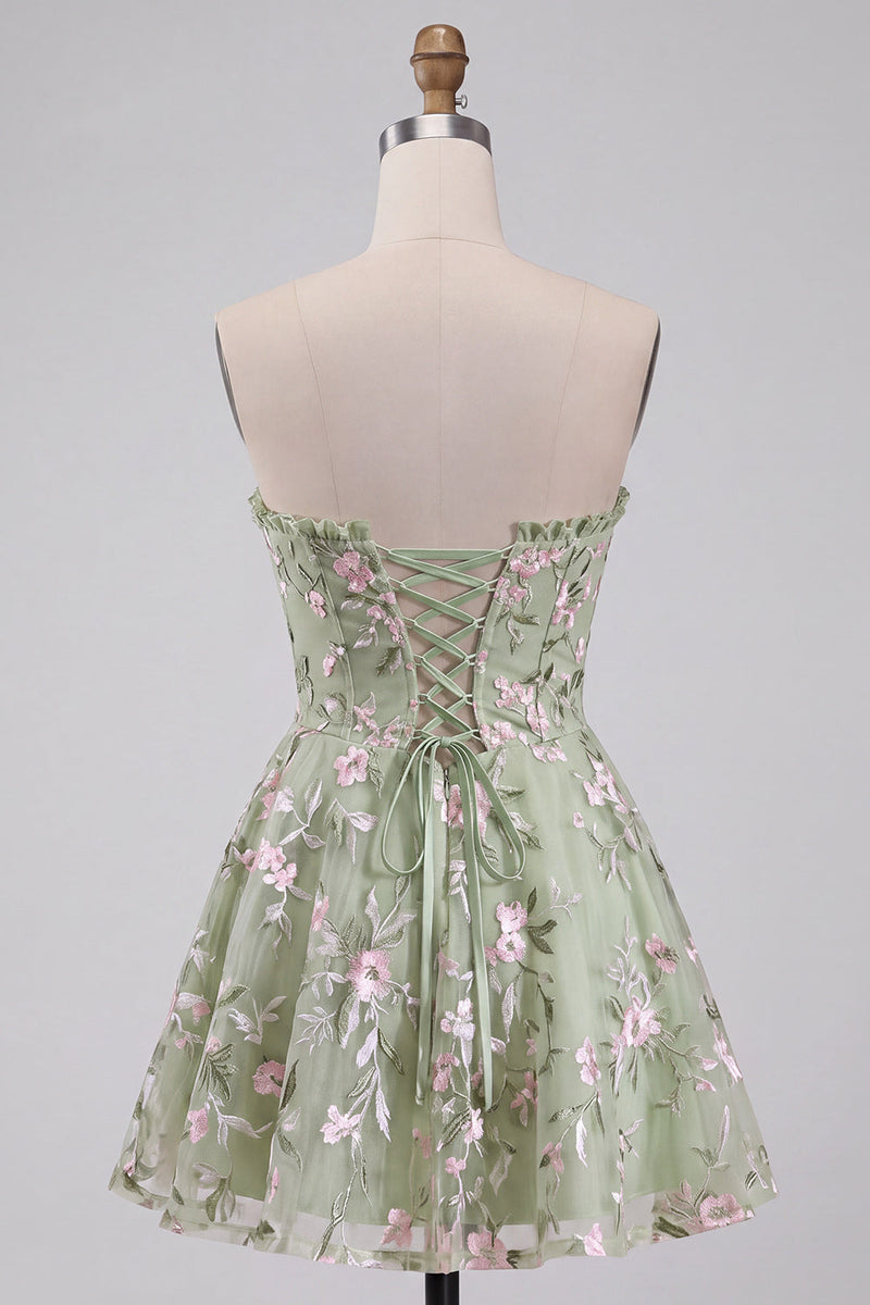 Load image into Gallery viewer, Floral Sage Green Sweetheart Corset A Line Mini Cocktail Dress