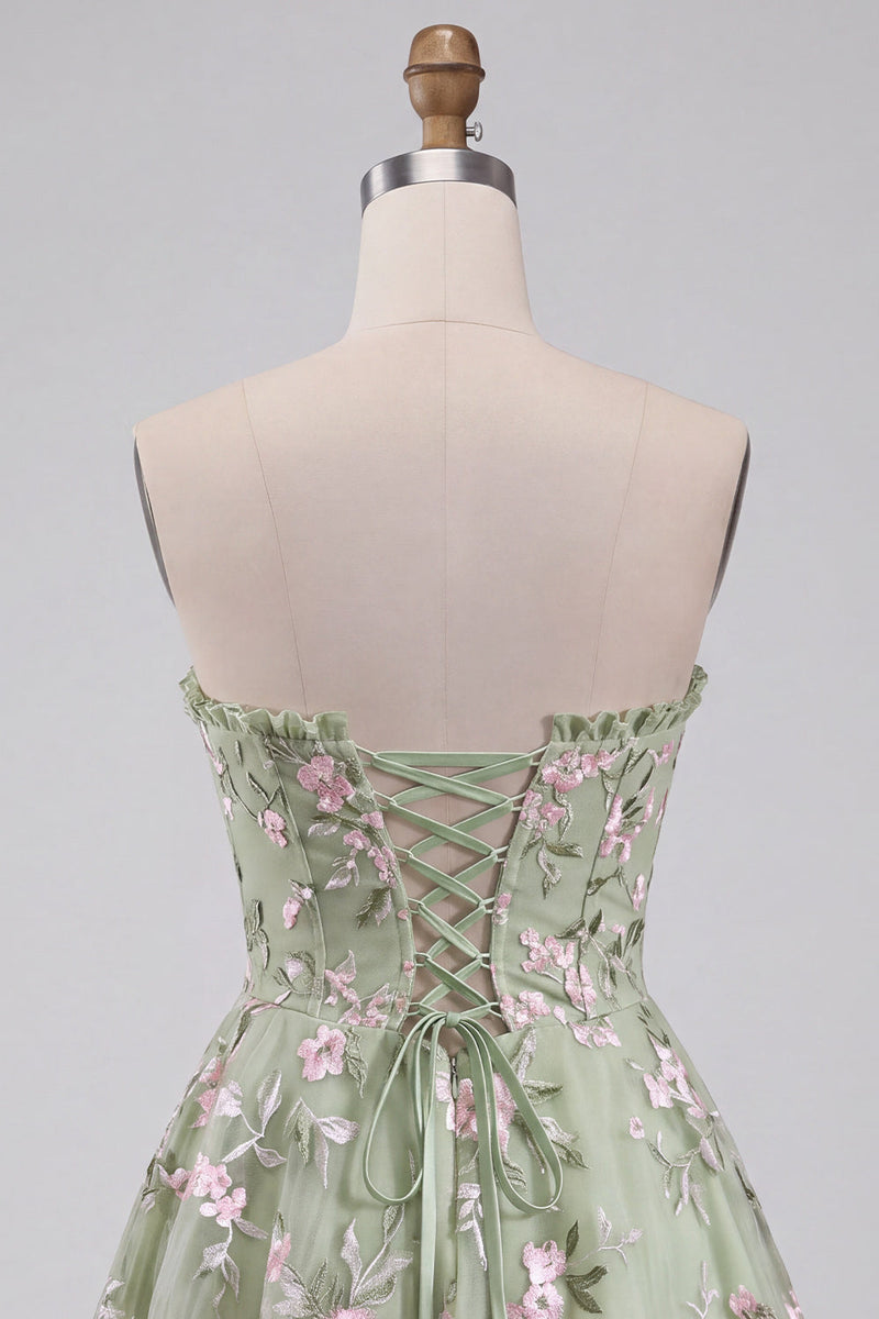 Load image into Gallery viewer, Floral Sage Green Sweetheart Corset A Line Mini Cocktail Dress