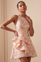 Load image into Gallery viewer, Light Pink Sparkly Sequin Floral A-Line Mini Cocktail Dress with Ruffles