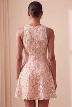 Light Pink Sparkly Sequin Floral A-Line Mini Cocktail Dress with Ruffles