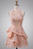Load image into Gallery viewer, Light Pink Sparkly Sequin Floral A-Line Mini Cocktail Dress with Ruffles