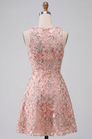 Load image into Gallery viewer, Light Pink Sparkly Sequin Floral A-Line Mini Cocktail Dress with Ruffles