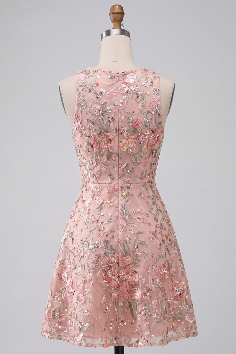 Load image into Gallery viewer, Light Pink Sparkly Sequin Floral A-Line Mini Cocktail Dress with Ruffles