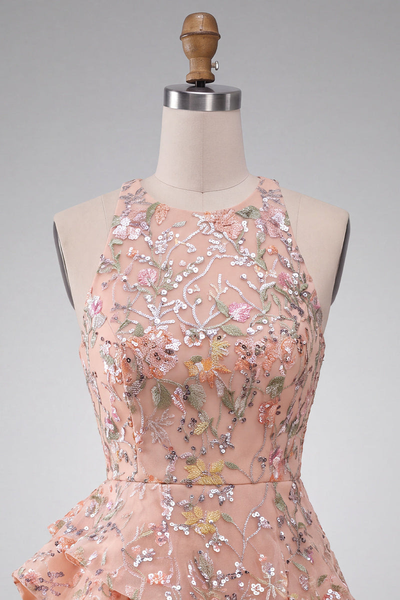 Load image into Gallery viewer, Light Pink Sparkly Sequin Floral A-Line Mini Cocktail Dress with Ruffles