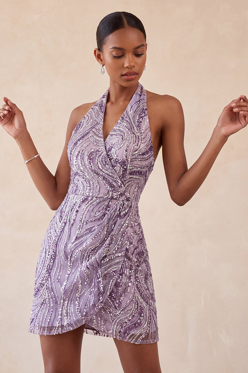 Load image into Gallery viewer, Sparkly Lilac Beaded Halter Tight Sequin Short Cocktail Dress