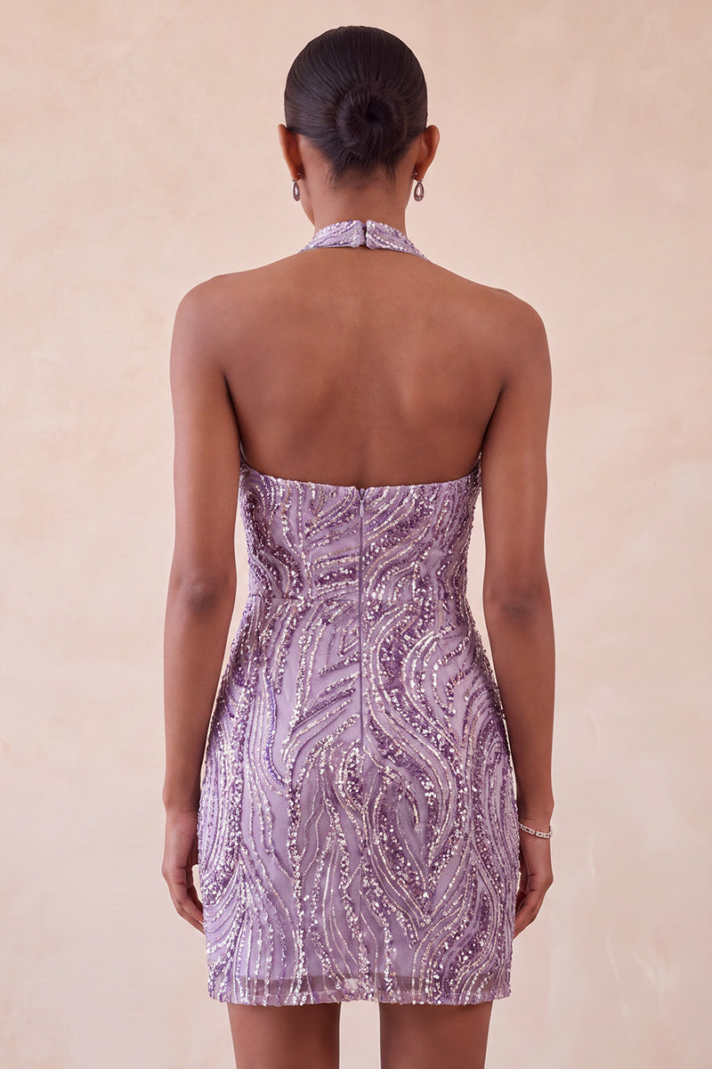 Load image into Gallery viewer, Sparkly Lilac Beaded Halter Tight Sequin Short Cocktail Dress