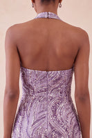 Load image into Gallery viewer, Sparkly Lilac Beaded Halter Tight Sequin Short Cocktail Dress