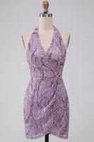 Load image into Gallery viewer, Sparkly Lilac Beaded Halter Tight Sequin Short Cocktail Dress