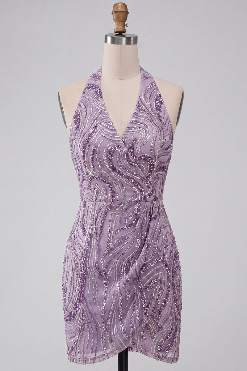Load image into Gallery viewer, Sparkly Lilac Beaded Halter Tight Sequin Short Cocktail Dress