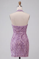 Load image into Gallery viewer, Sparkly Lilac Beaded Halter Tight Sequin Short Cocktail Dress